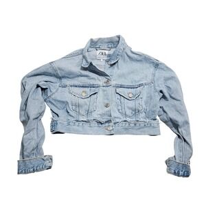 Zara Womens Light Wash Cropped Denim Jacket Raw Hem Blue Size Small S